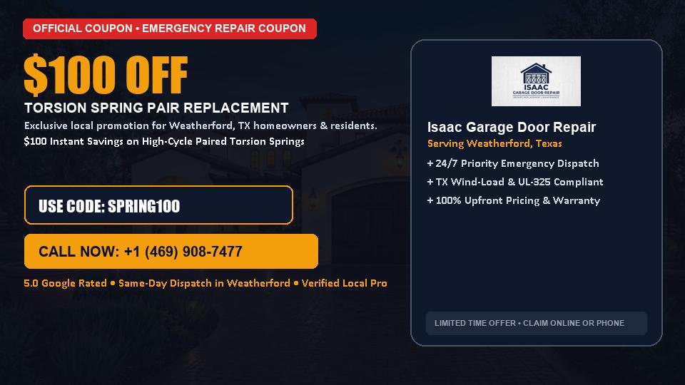 $100 OFF Dual High-Cycle Torsion Spring Replacement in Weatherford, TX - Isaac Garage Door Repair