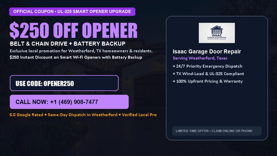 $250 OFF Smart Wi-Fi Garage Door Opener Installation in Weatherford, TX - Isaac Garage Door Repair