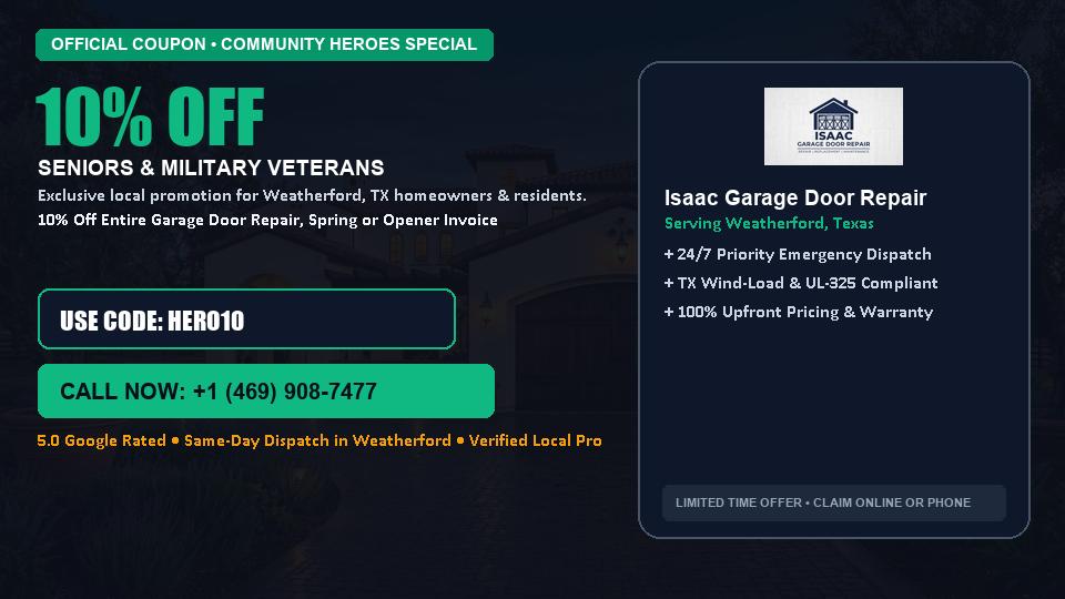 10% OFF Senior, Military & First Responder Discount in Weatherford, TX - Isaac Garage Door Repair